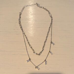 Silver Tone Two Chain Necklace with Crystal Accents
